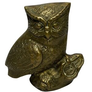 Vintage Brass Owl Figurine Statue‎ on Branch Small Desk Decor Bird